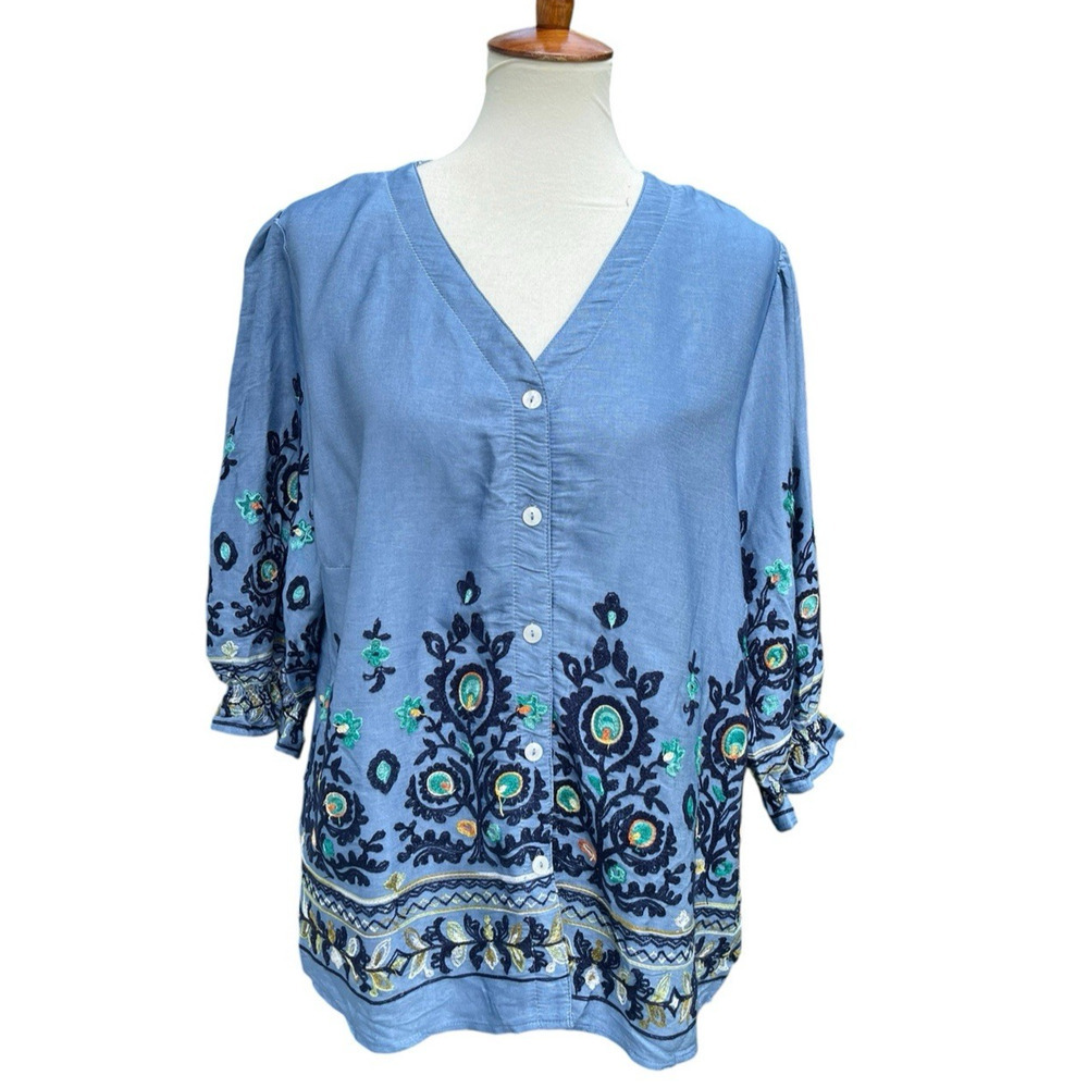 Ana & Rose Blue Chambray Embroidered Floral Tunic Top 3/4 Sleeve L NWT Boho